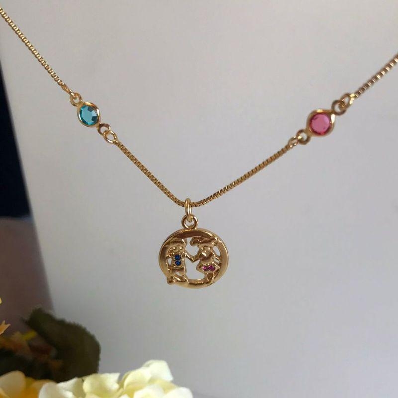 Colar Casal de Filhos com Cristal Azul e Rosa