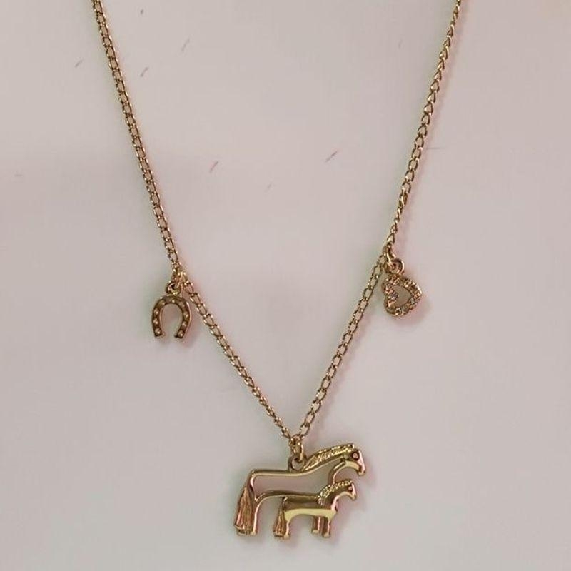 Colar Pingente Cavalos Com Ferradura e Coração Cravejado 35cm