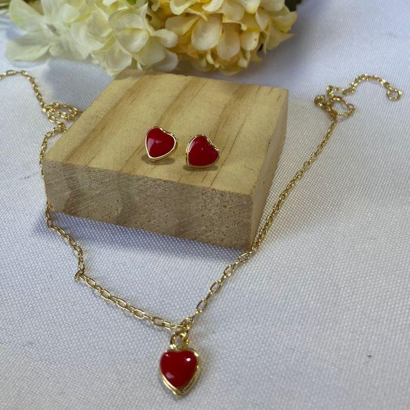 Conjunto Infantil Colar e Brinco Coração Vermelho