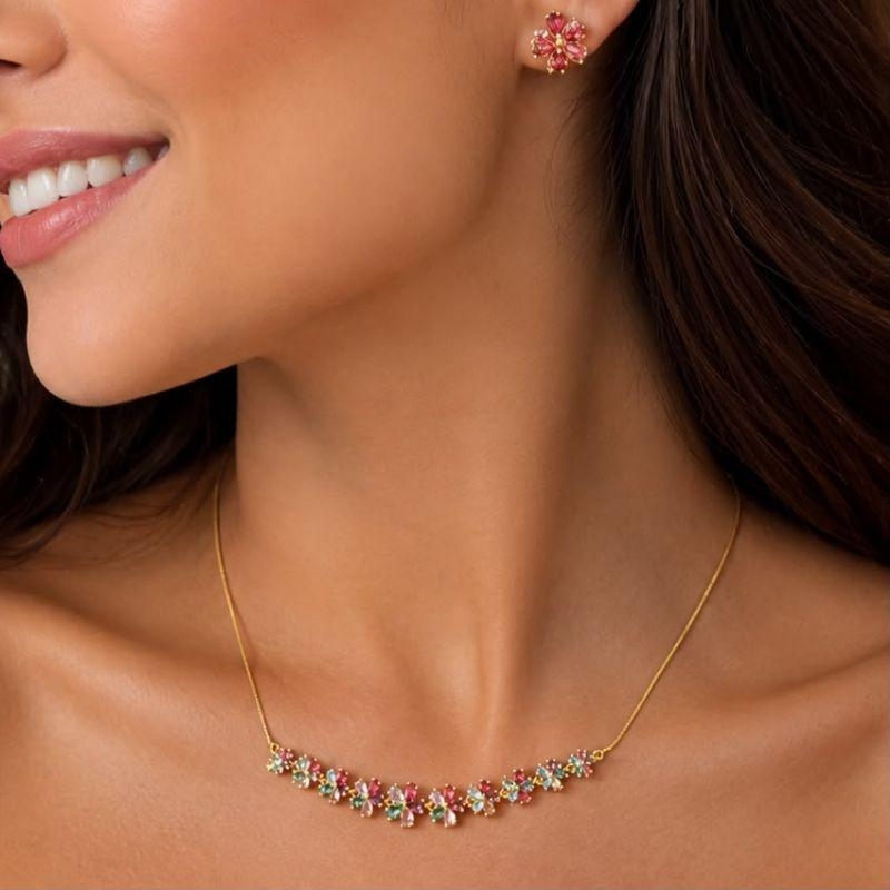 Conjunto Flores de Cristal brinco rosa e colar