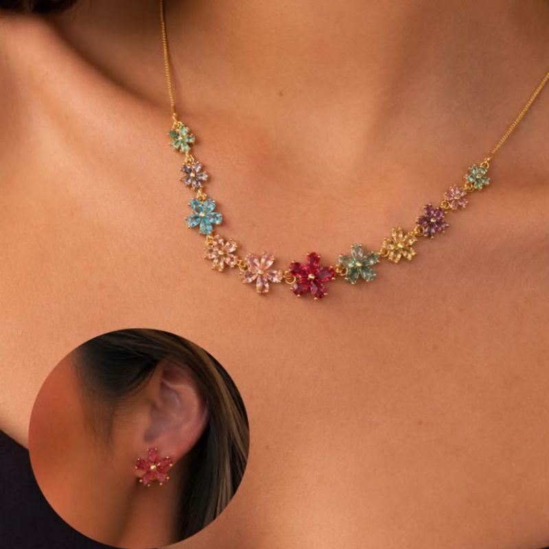 Conjunto Flores de Cristal brinco rosa e colar colorido