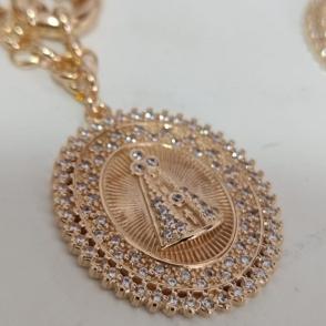 Colar Elo Portugues Fecho Boia Pingente NS Aparecida Cravejado