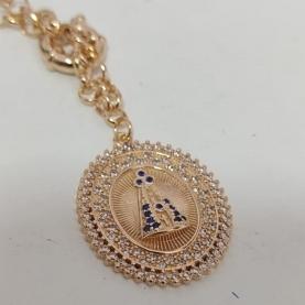 Colar Elo Portugues Fecho Boia Pingente NS Aparecida Cravejado detalhe azul