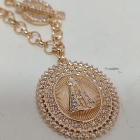 Colar Elo Portugues Fecho Cravejado Pingente NS Aparecida Cravejado