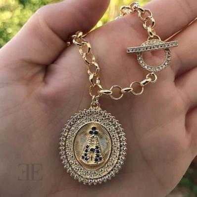 Colar Elo Portugues Fecho Cravejado Pingente NS Aparecida Cravejado com Azul