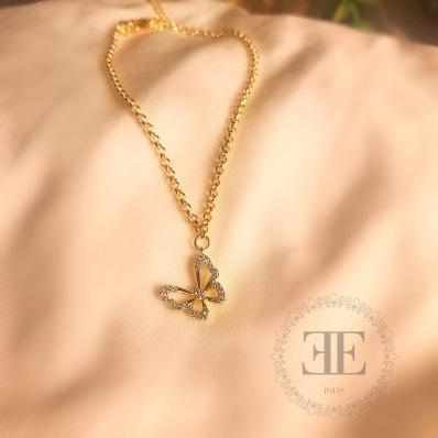 Pulseira Borboleta Cravejada Cordão Elo Português Fino