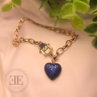 Pulseiras Elos com Coração e Fecho Cravejados com Zirconia Rubi Azul