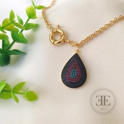 Colar Corrente Elo português Fino com Pingente Mandala Gota