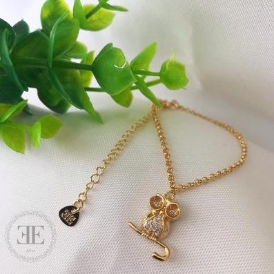 Pulseira Elo Potugues Fino com Pingente de Coruja Cravejada