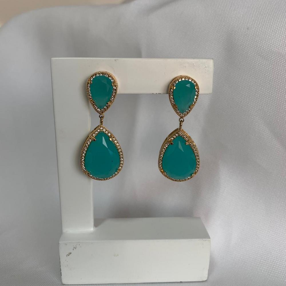 Brinco 2 Pedras Cravejadas Turquesa