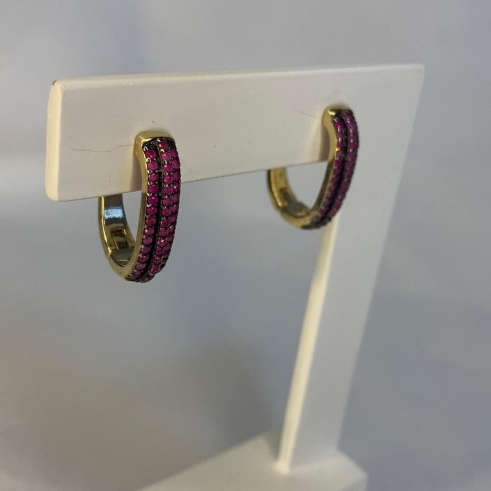 Brinco Argola Click 3 Linhas Cravejadas Rosa