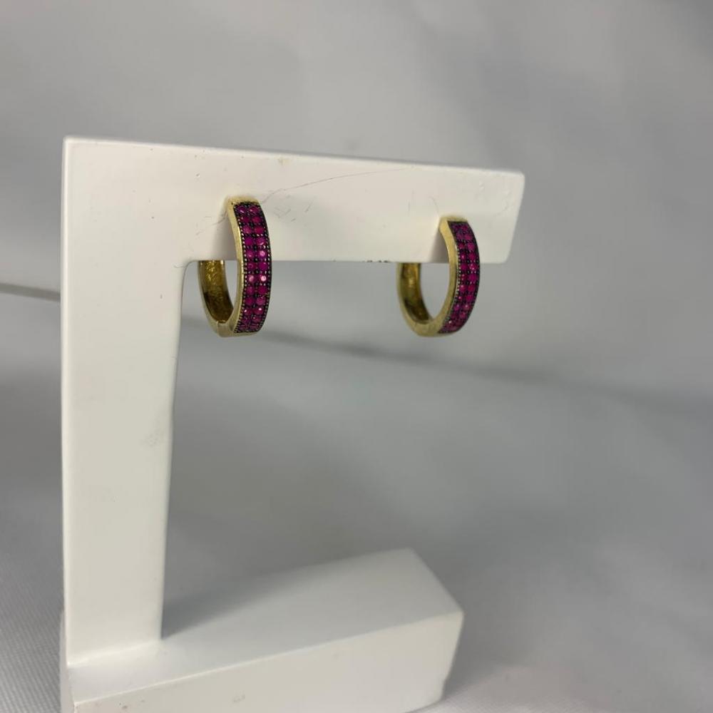 Brinco Argola Ponta Click 7 Linhas Cravejadas Rosa