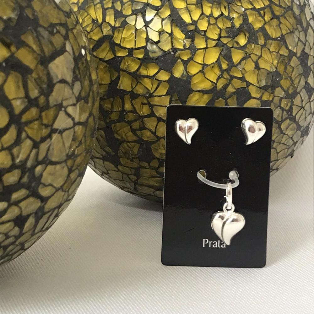 Conjunto Brinco Coração Liso Pingente Coração Liso