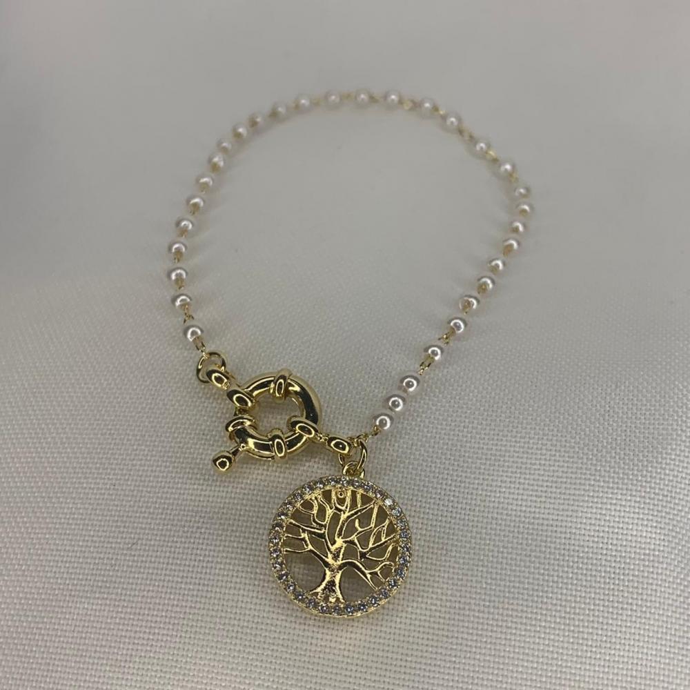 Pulseira Perolas Fecho Boia com Pingente de Arvore da Vida