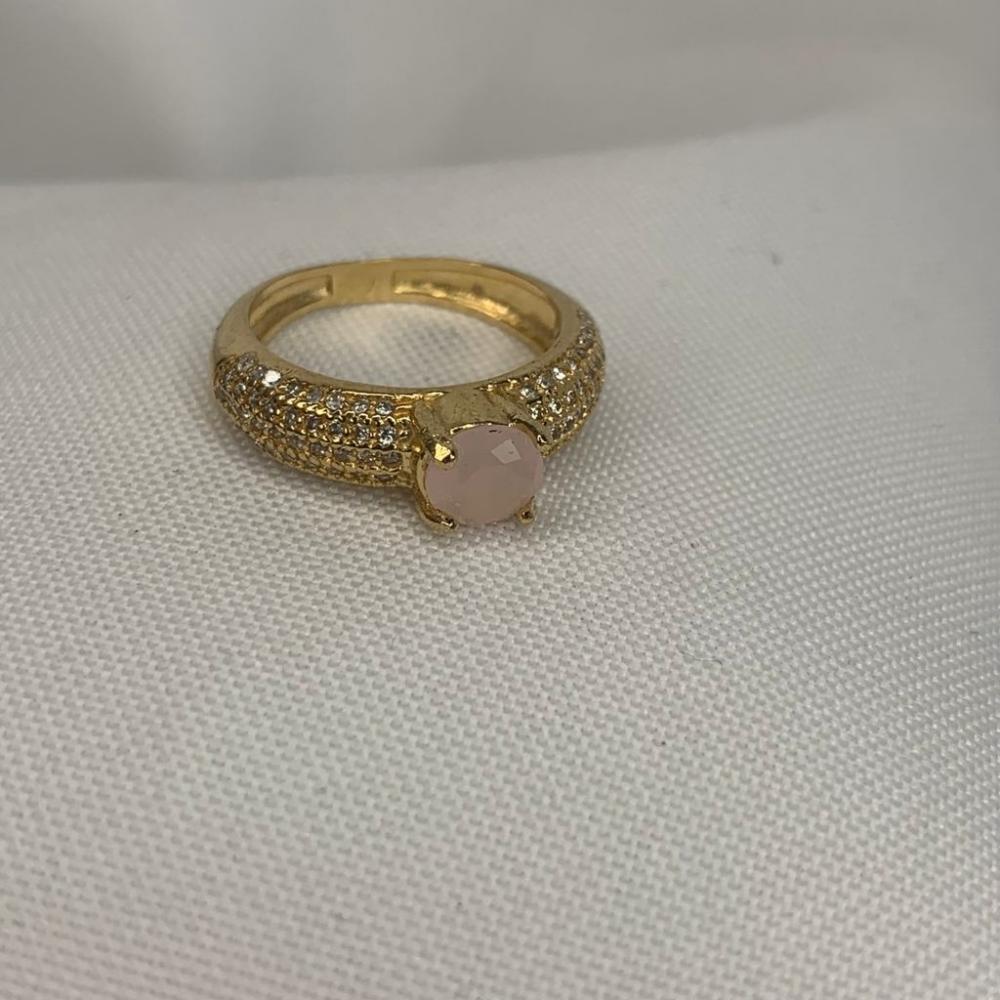 Anel 5 Linhas Cravejadas 4 Garras com Pedra Rosa Fosco