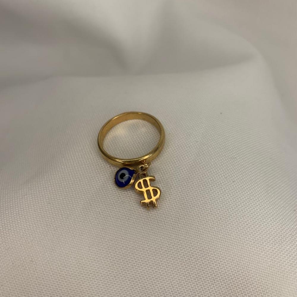 Anel Liso com Pingente Cifrão e Olho Grego