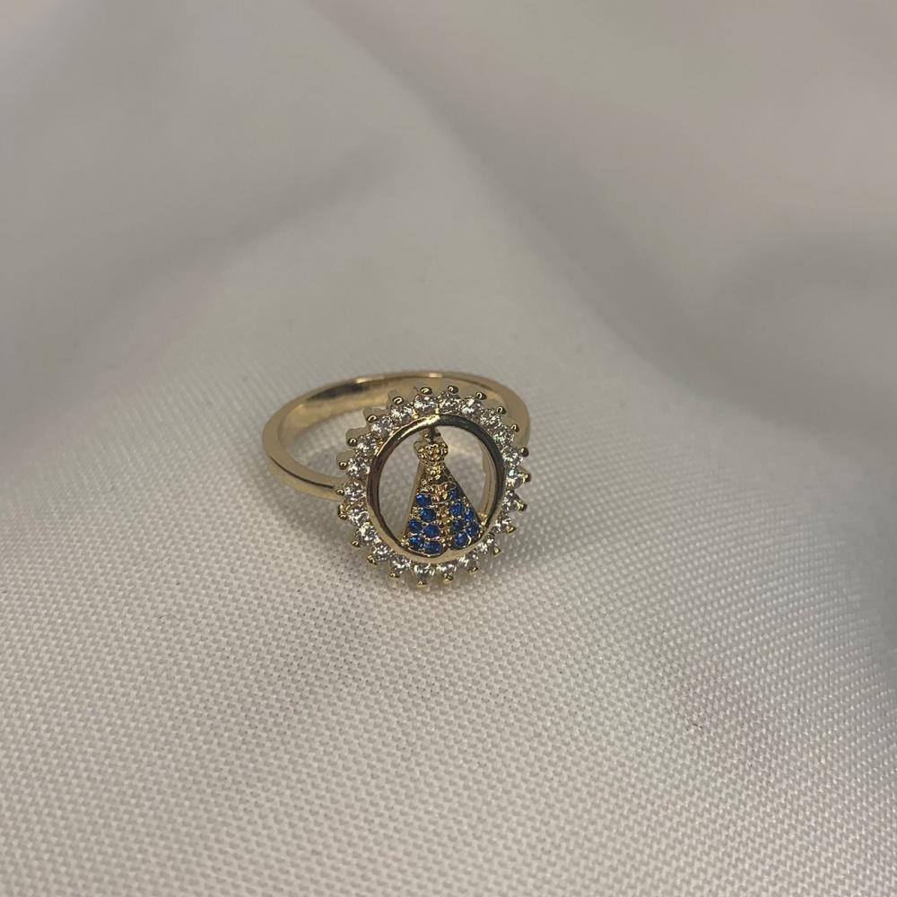 Anel Nossa Senhora Cravejada Vazada Azul