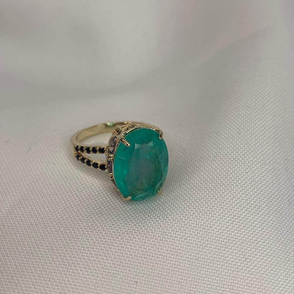 Anel Pedra Turquesa com Cravejado Preto