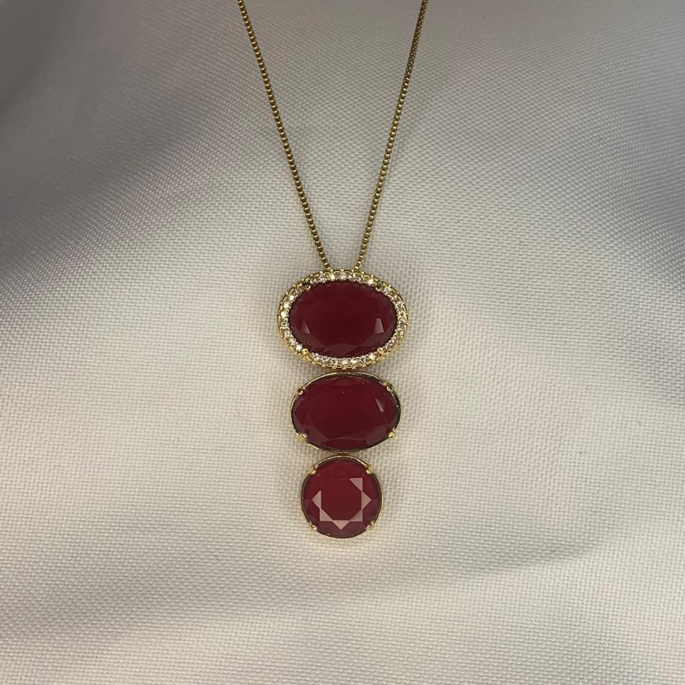 Colar 3 Pedras de Zircônia Vermelho