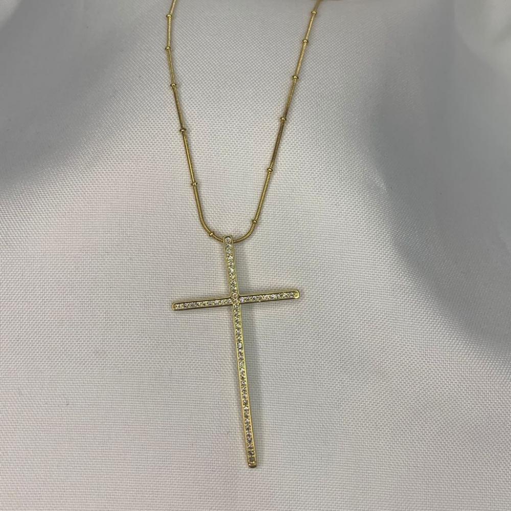 Colar Bolinhas com Pingente Cruz Cravejada