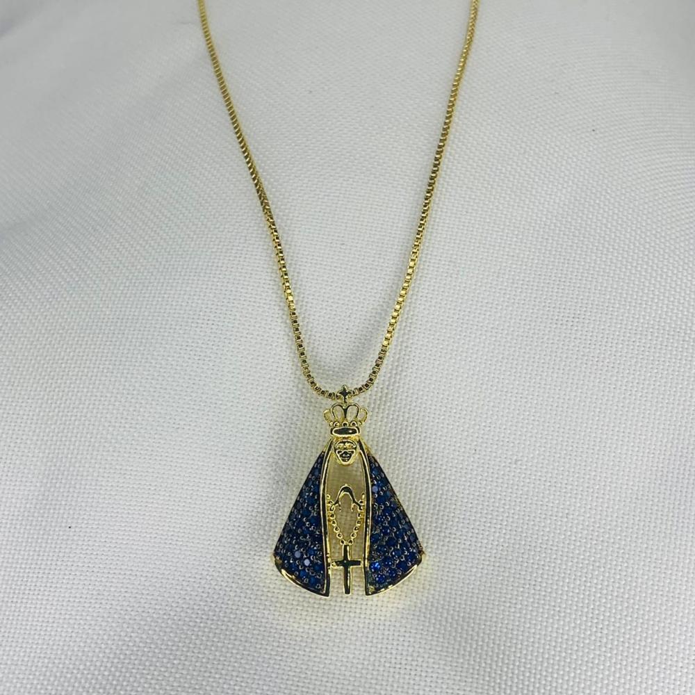 Colar Nossa Senhora Cravejada em Azul