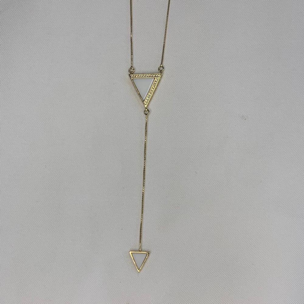 Colar Triangulo Branco Cravejado Corrente com Pingente de Triangulo