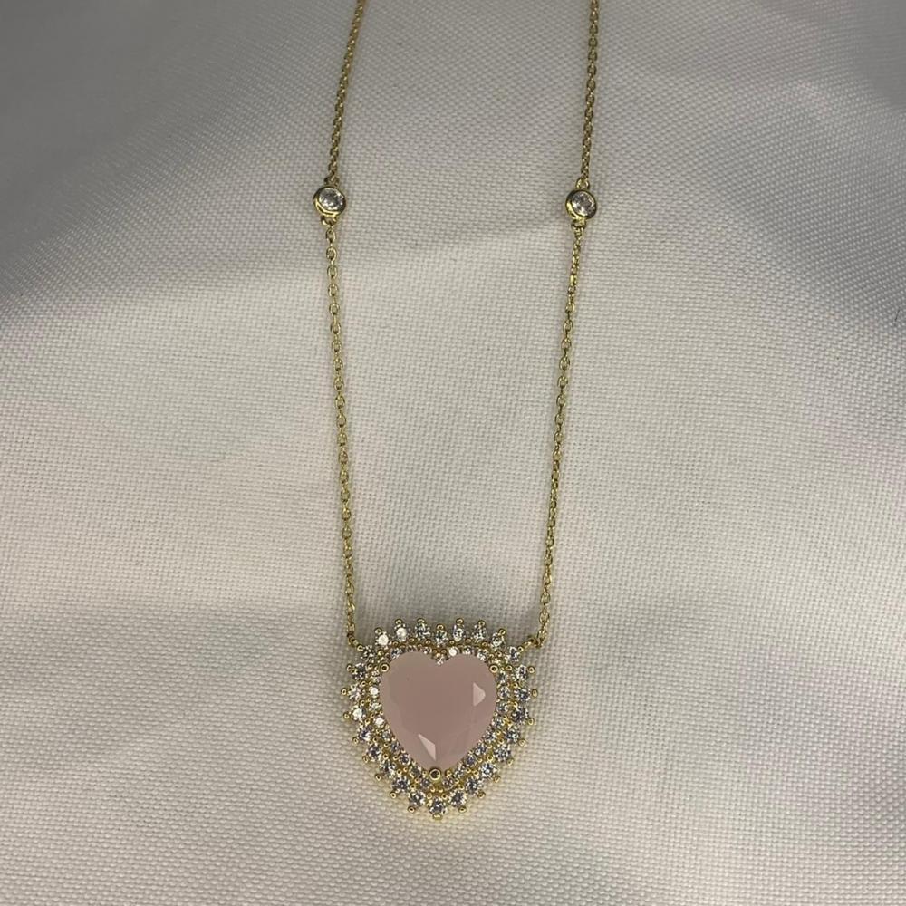 Colar Zircônia Rosa com Borda Cravejada