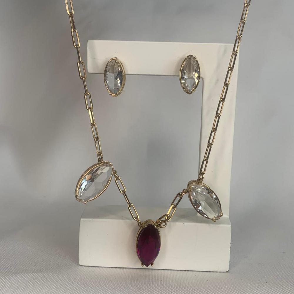 Conjunto Colar Cartier e Brinco Pedra Oval Transparente e Roxa