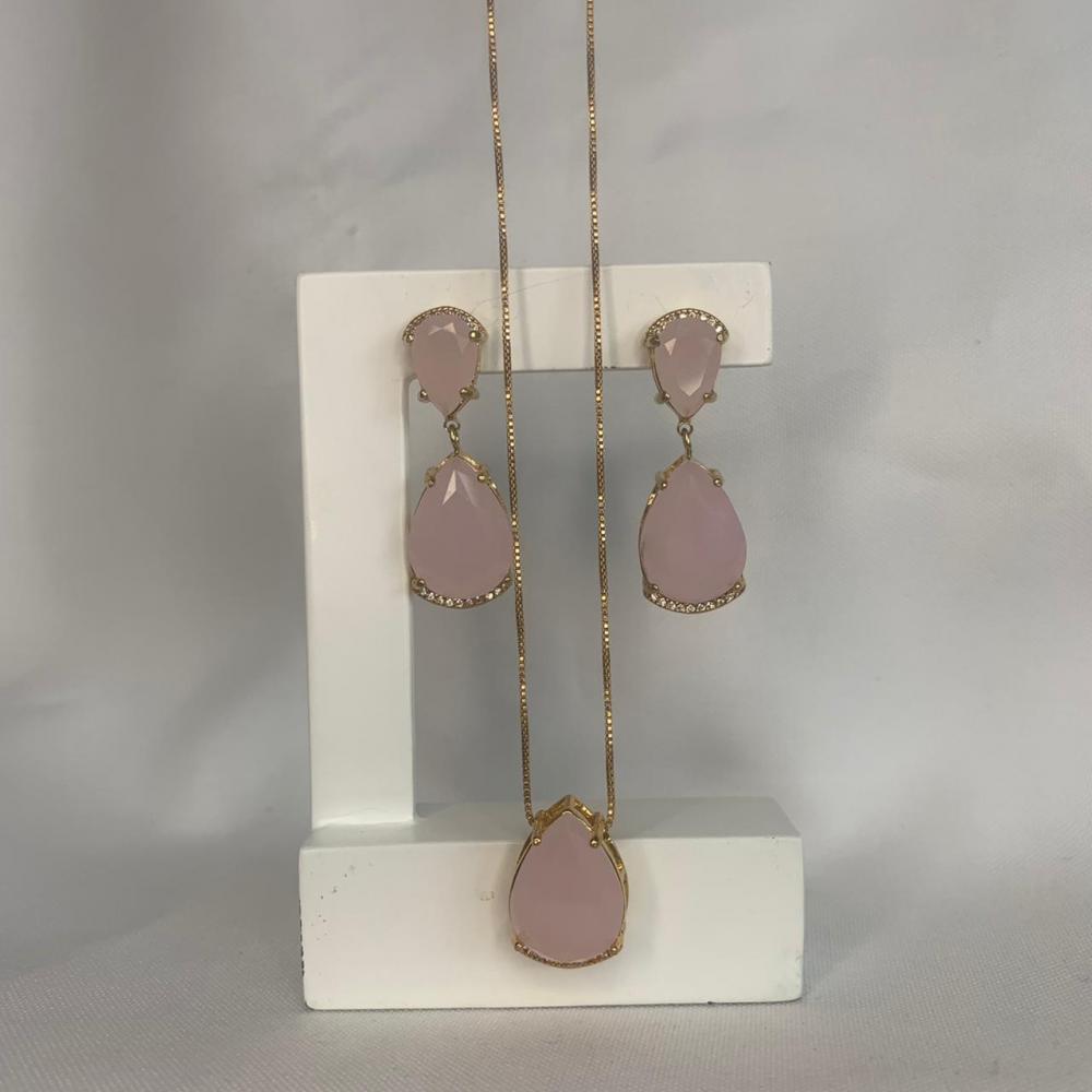 Conjunto Colar e Brinco 2 Pedras de Zircônia Rosa
