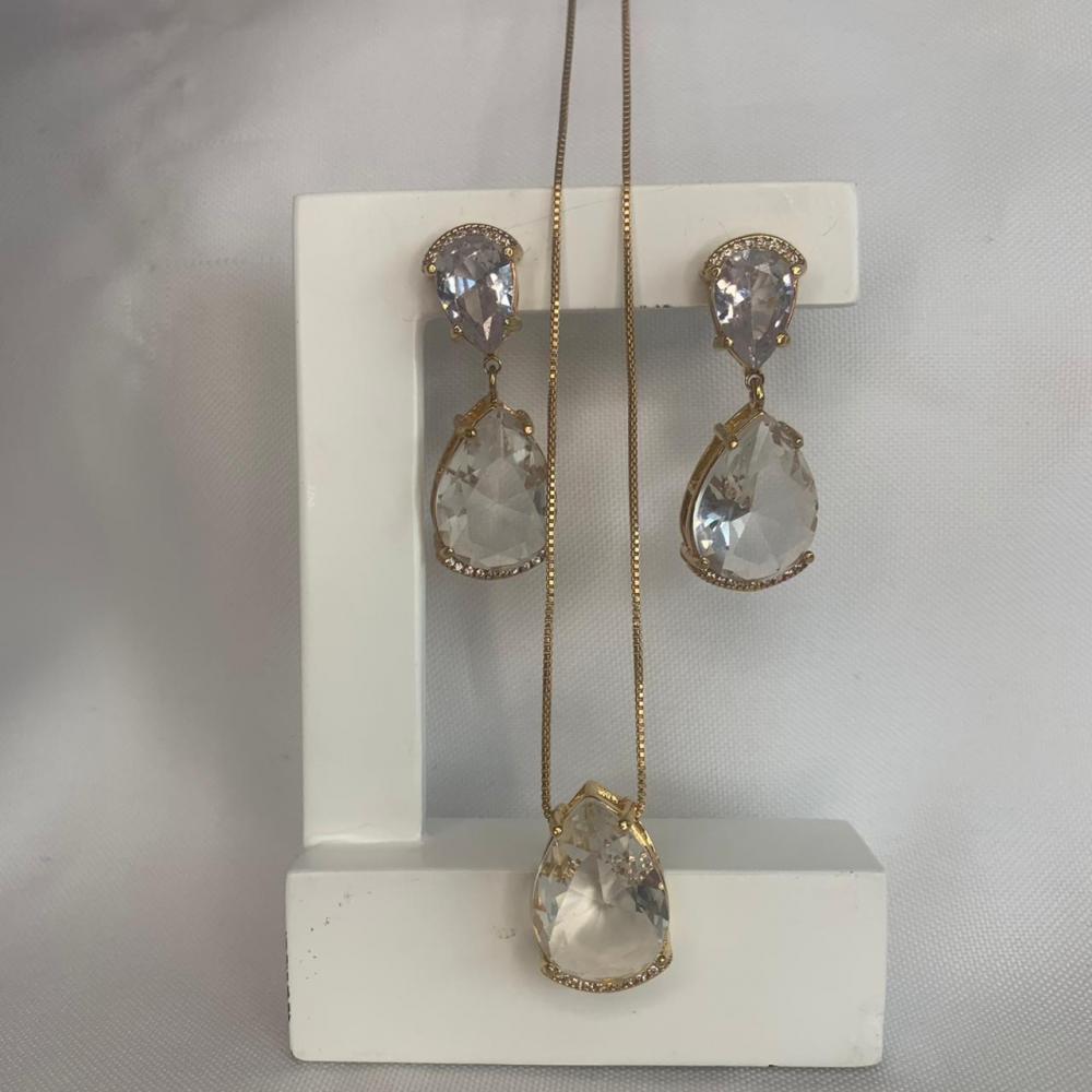 Conjunto Colar e Brinco 2 Pedras de Zircônia Transparete