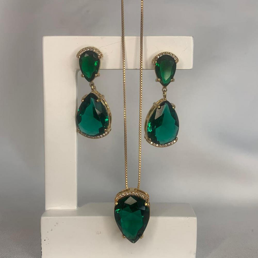 Conjunto Colar e Brinco 2 Pedras de Zircônia Verde