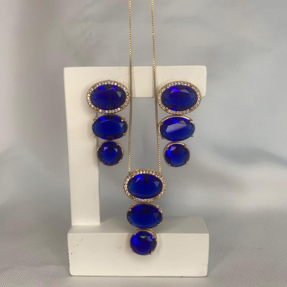 Conjunto Colar e Brinco 3 Pedras de Zircônia Azul