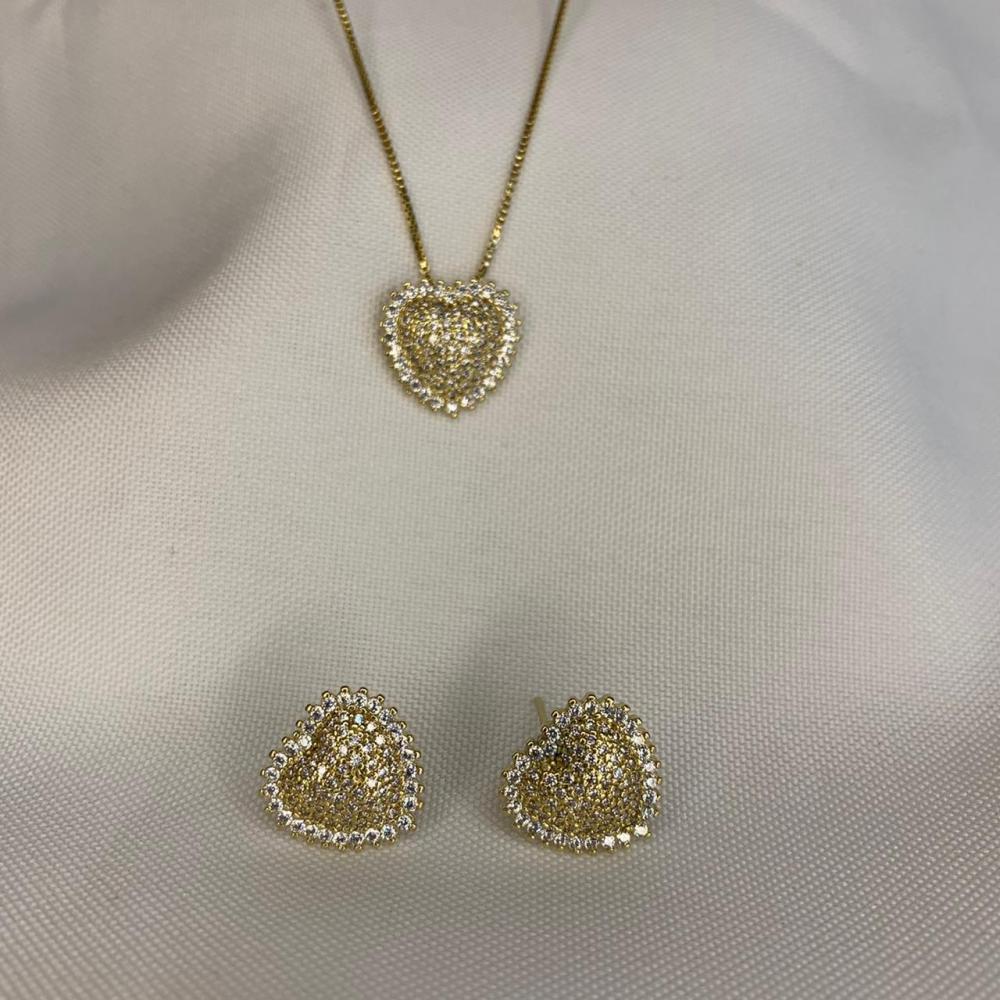 Conjunto Colar e Brinco Coração Cravejado