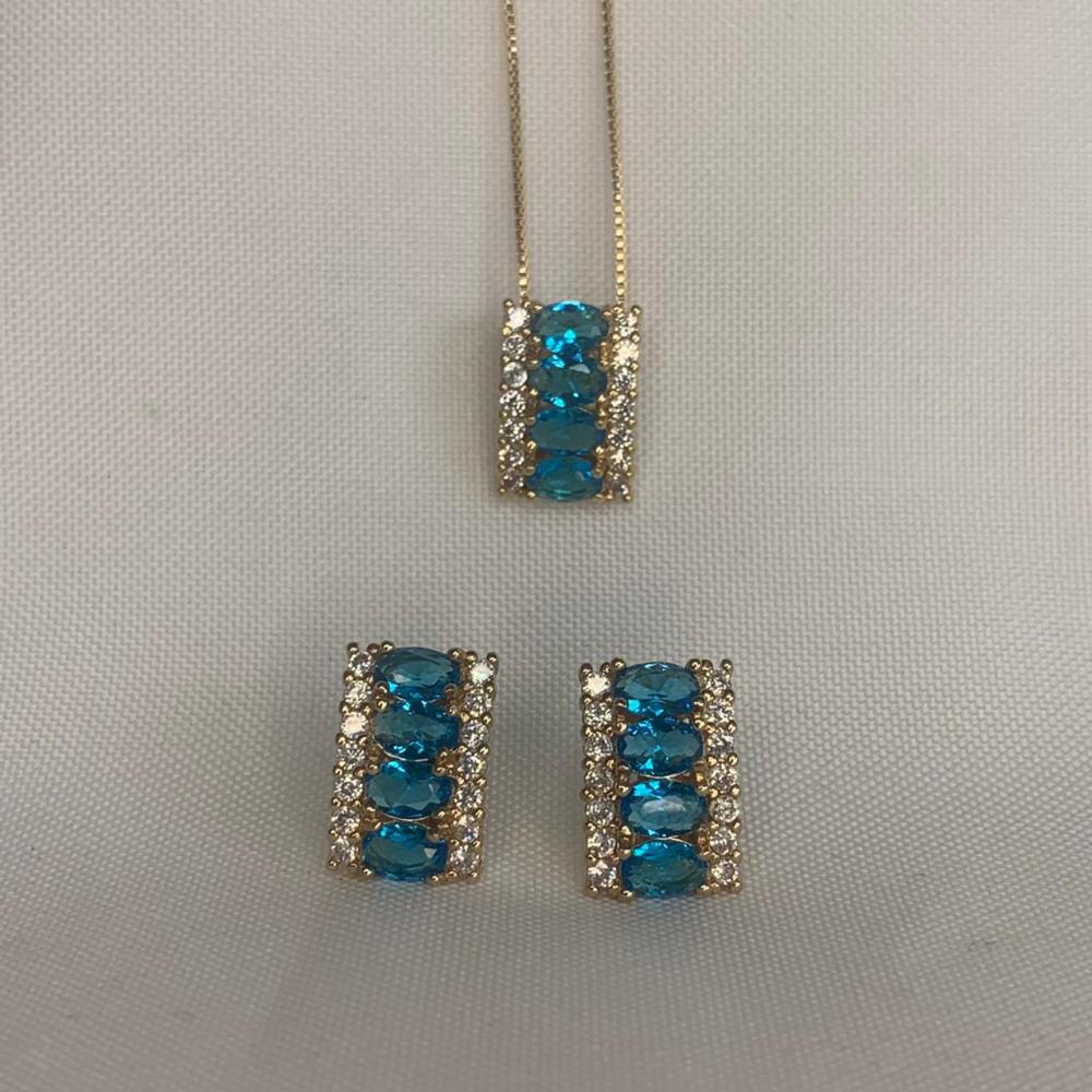 Conjunto Colar e Brinco Pedra Azul Claro com Cravejado na Volta