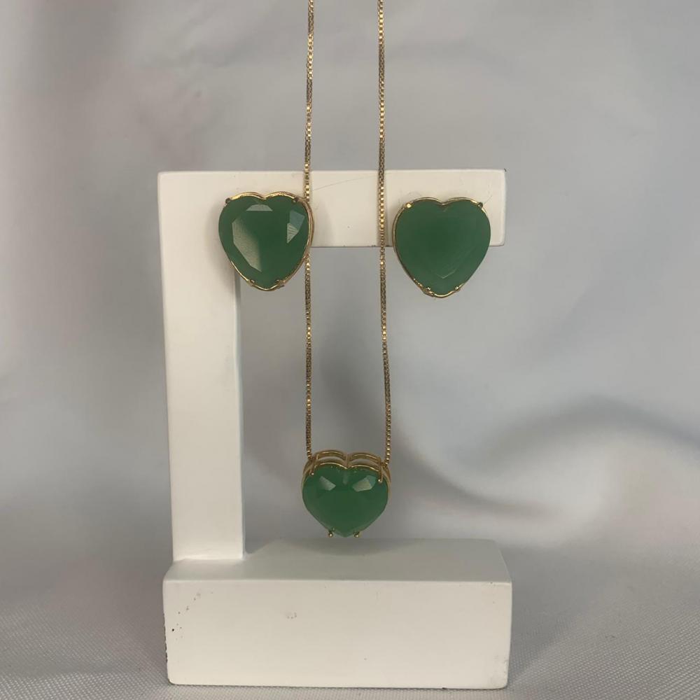 Conjunto Colar e Brinco Pedra Coração Verde Claro