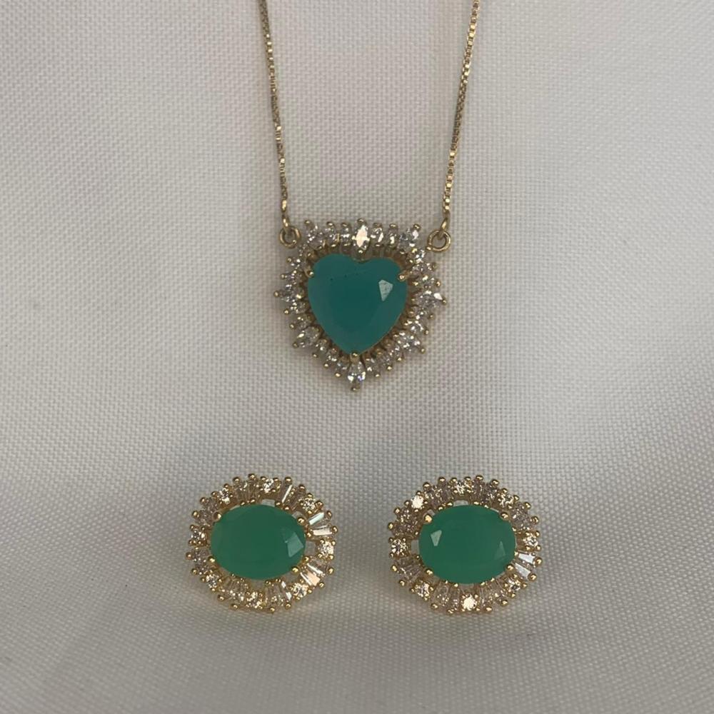 Conjunto Colar e Brinco Pedra Verde Com Pedras de Zirconia