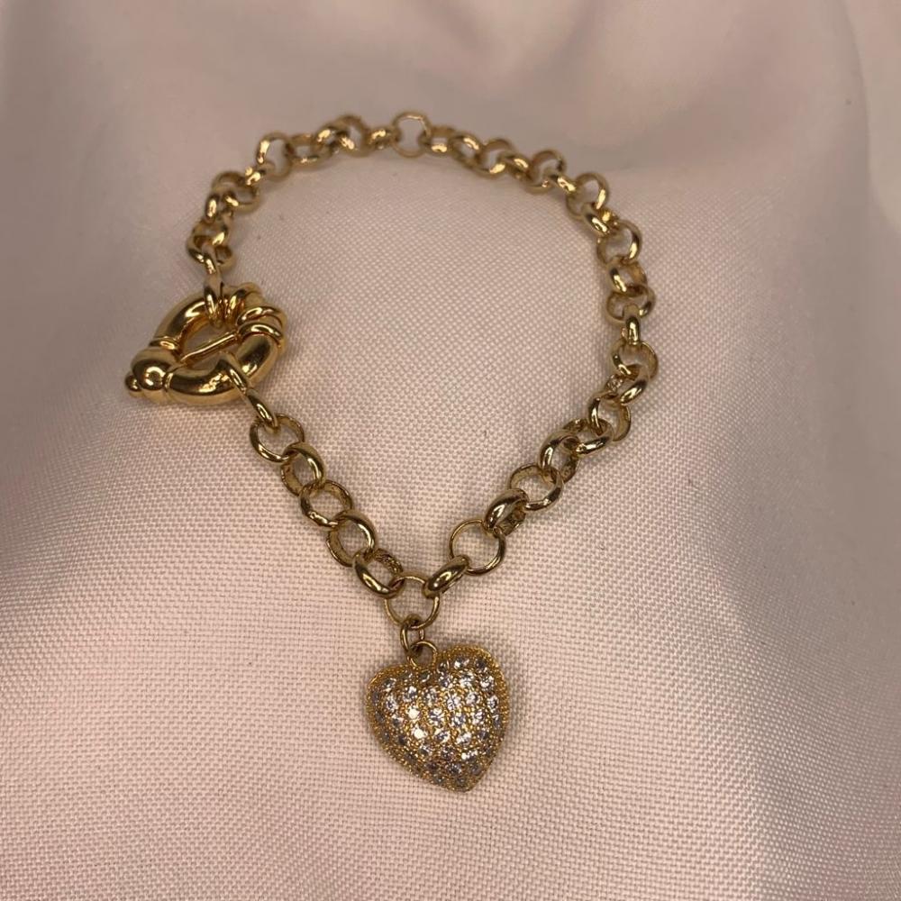 Pulseira Elo Português Fecho Boia com Pingente Coração Cravejado