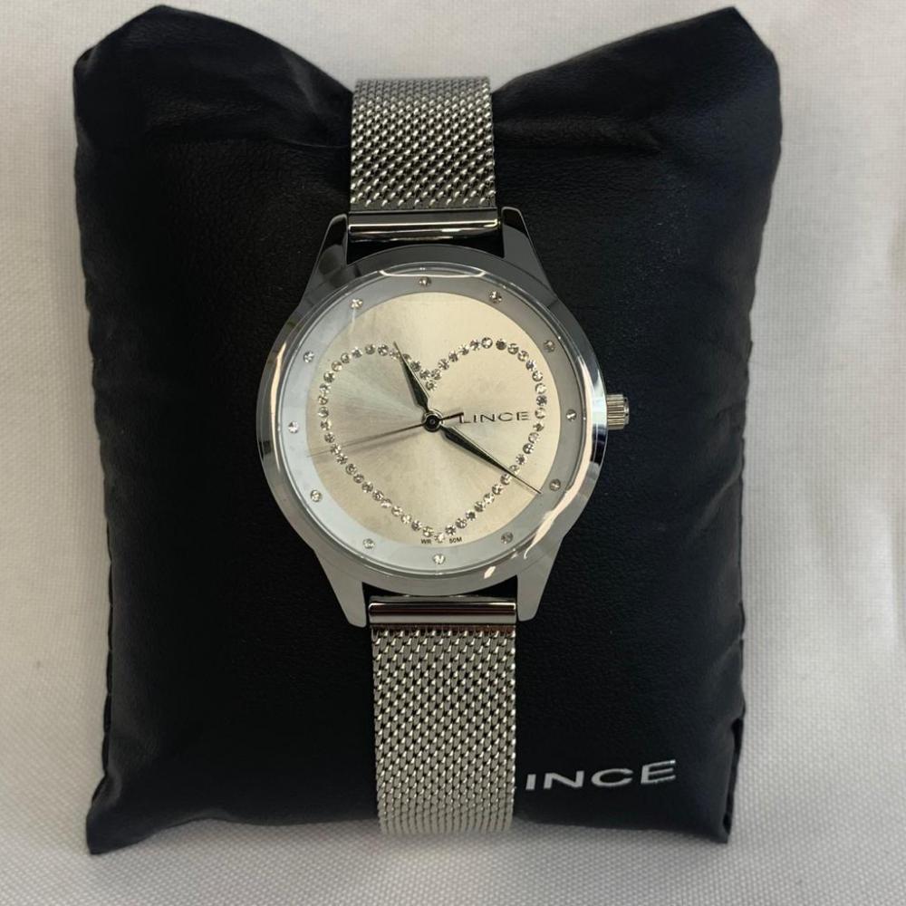 Relógio Lince Prata com Pedras em Forma de Coração Ponteiro