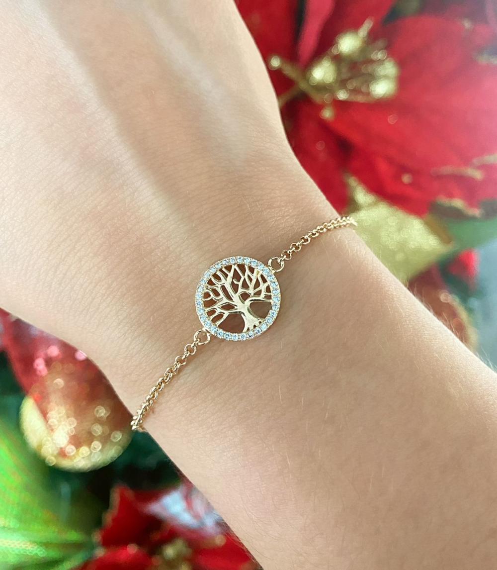 Pulseira elo português fino com pingente arvore da vida cravejado