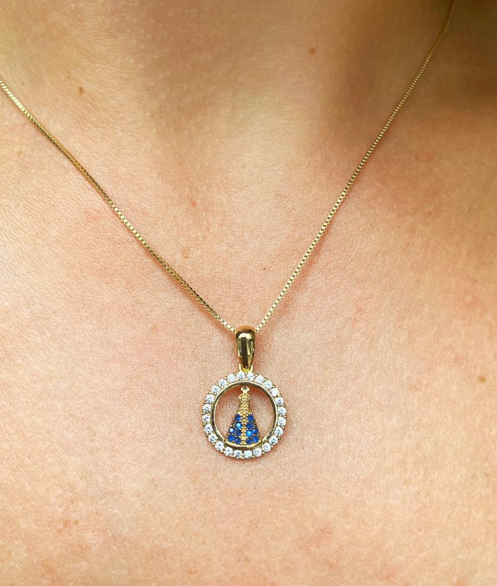 Colar veneziana com pingente circular nossa senhora cravejado