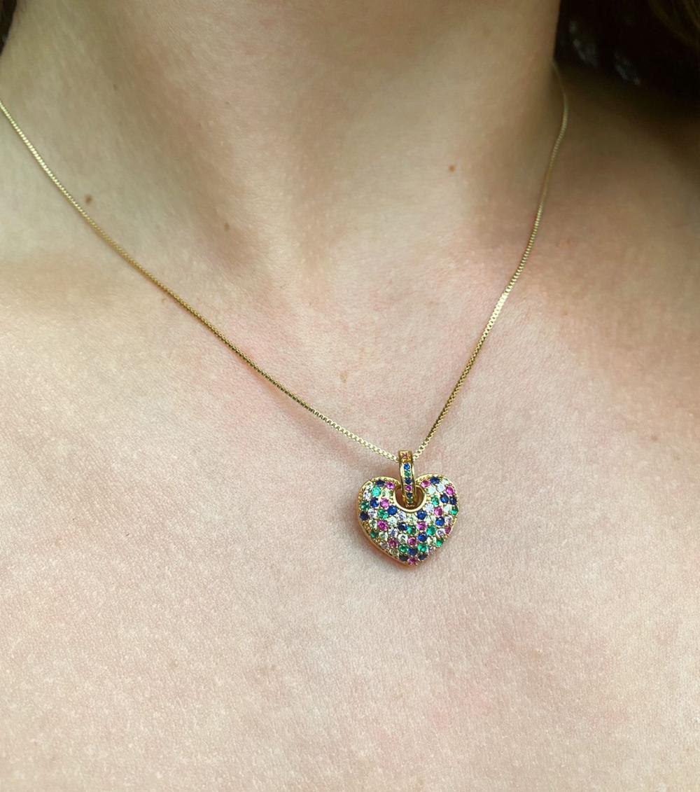 Colar veneziana com pingente coraçao zirconias coloridas