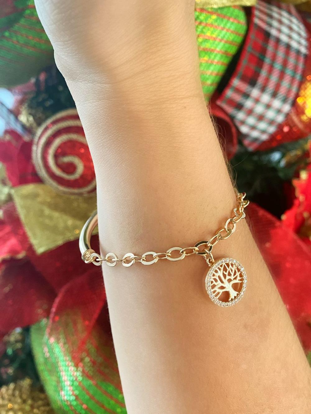 Pulseira metade bracelete aro com corrente e pingente arvore da vida