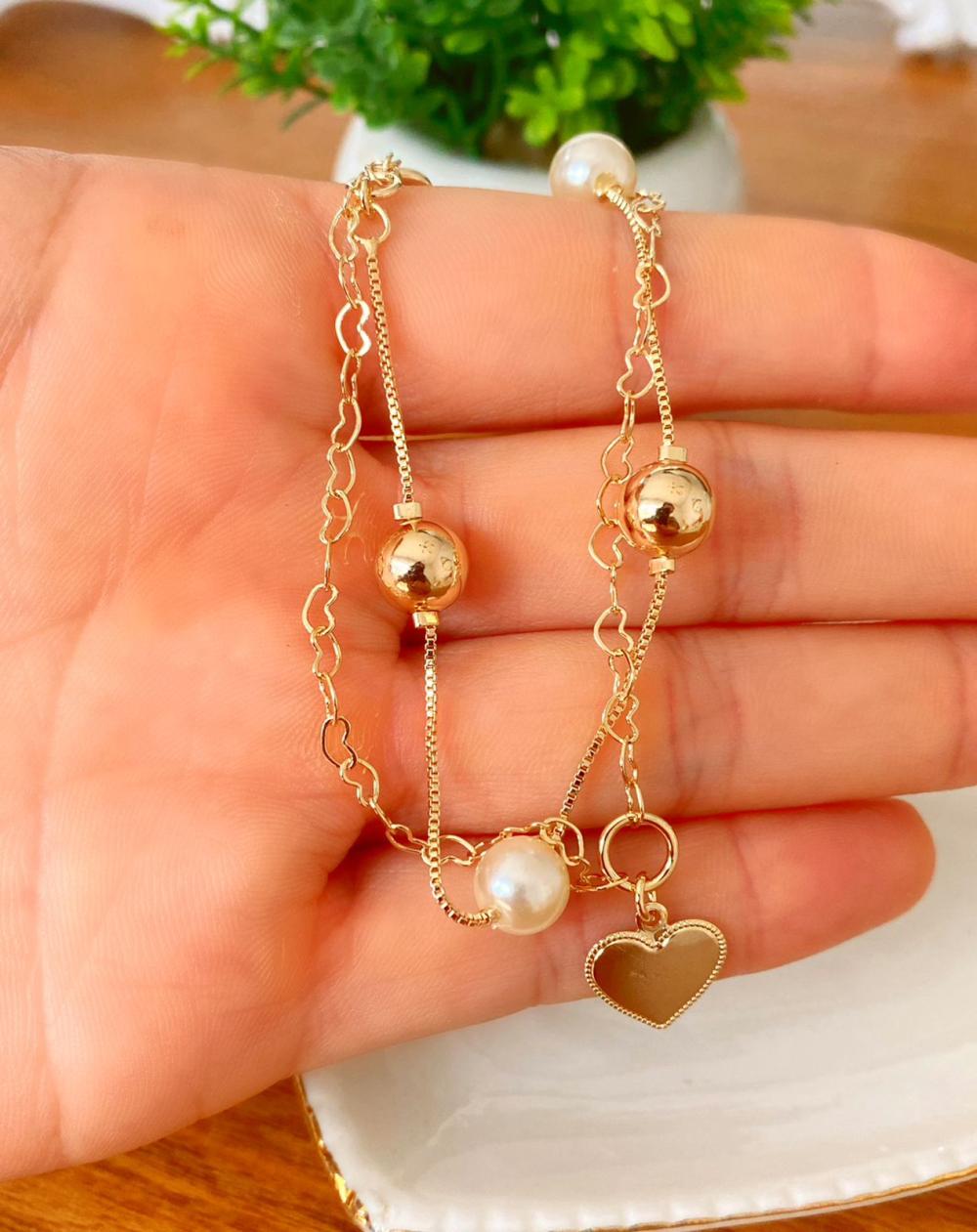 Pulseira Perola Dupla Com Coração Pontilhado