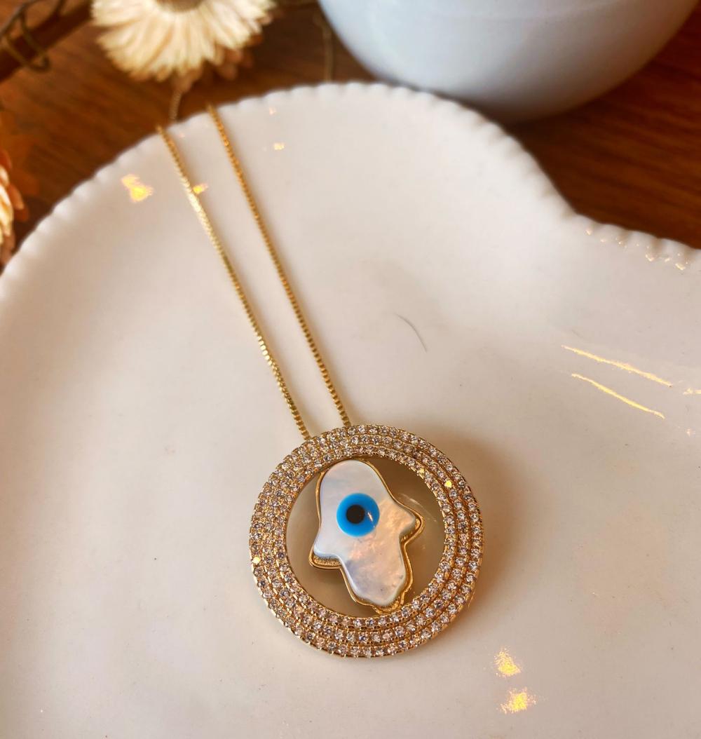 Colar Mao de fatima com olho grego mareperola com 3 fileiras de zirconia