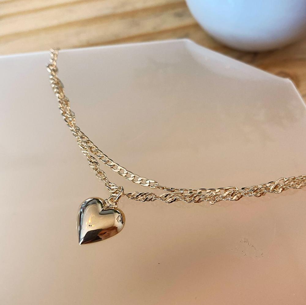 Pulseira coração liso corrente dupla