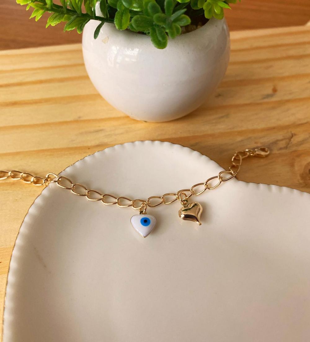 Pulseira elo olho em formato de coração e coração metal