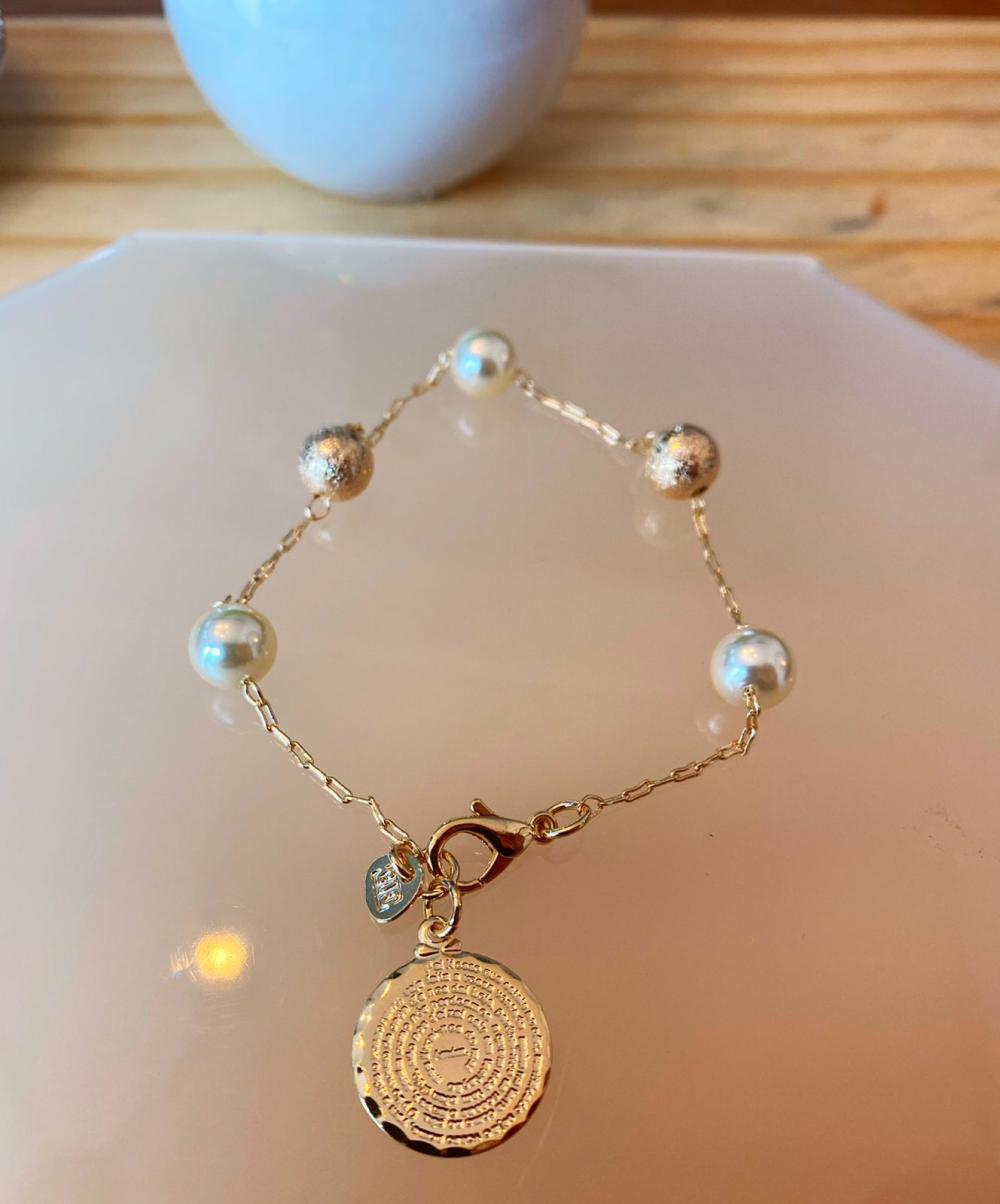 Pulseira pai nosso perolas e bola diamantada