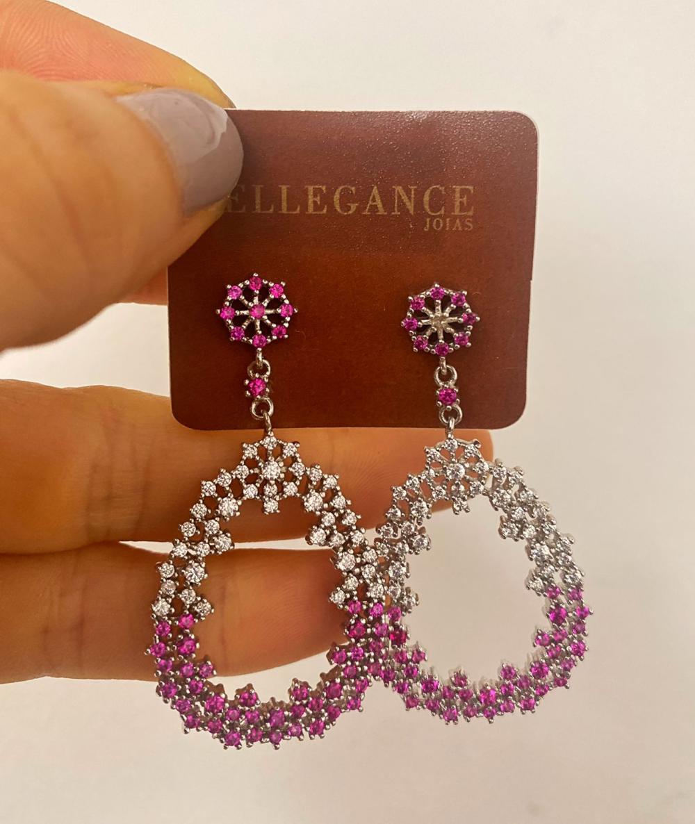 Brinco longo luxo zirconias rosa banho branco