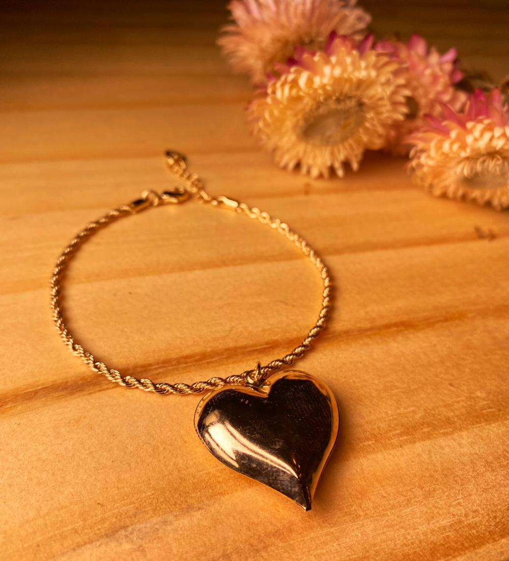 Pulseira cordao com coração grande