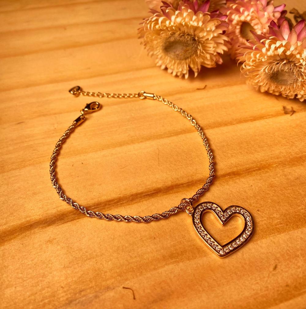 Pulseira cordao com coração grande cravejado